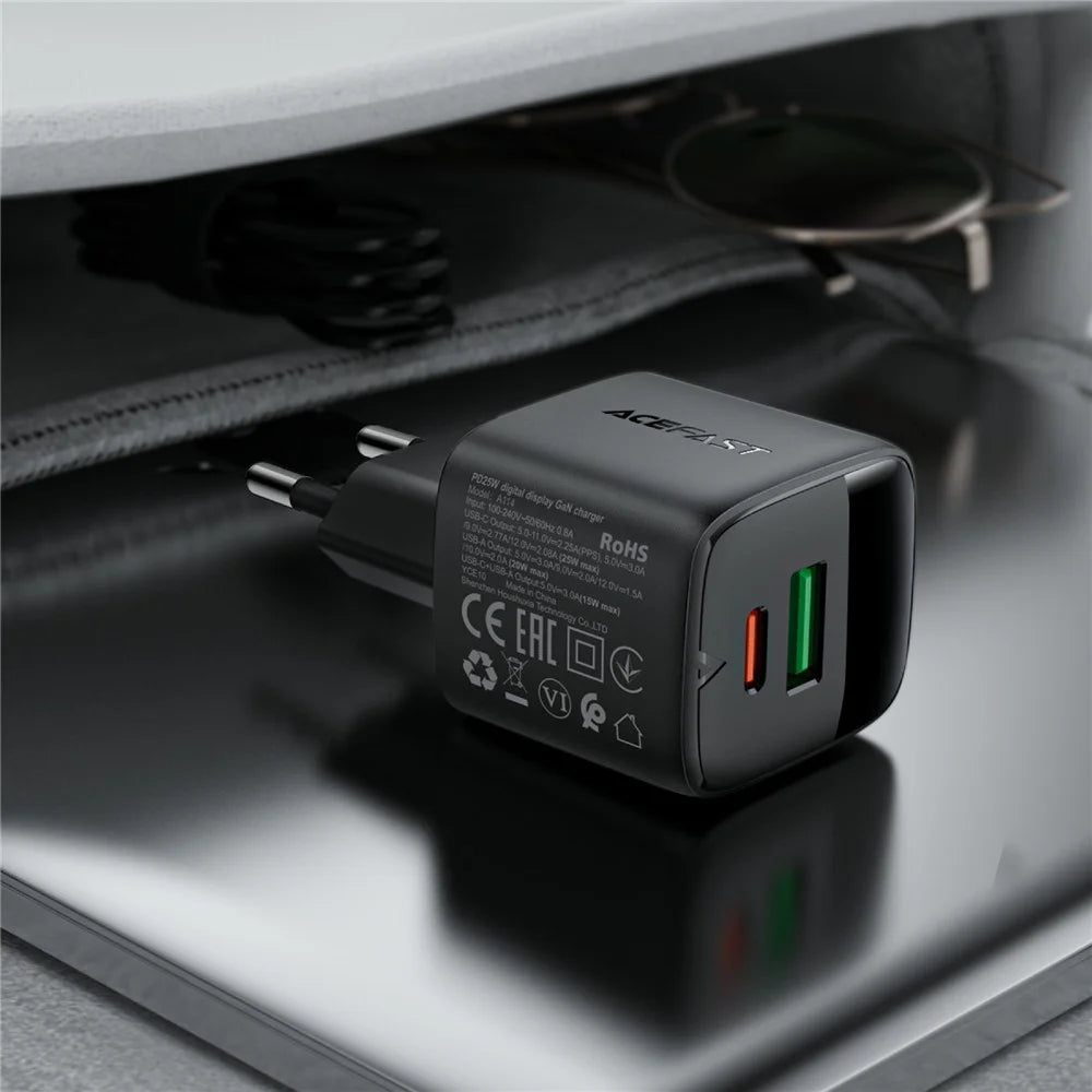 ACEFAST A114 PD 25W Dual Port GaN Charger with LED Display USB-C + USB-A Charger Adapter for Smartphones / Tablets - EU Plug - 6