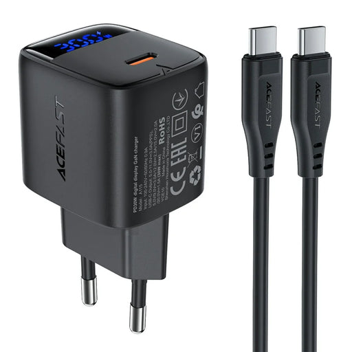 ACEFAST A115 PD 30W GaN USB-C Charger Kit with USB-C Cable LED Display Fast Charger Adapter, EU Plug - 1