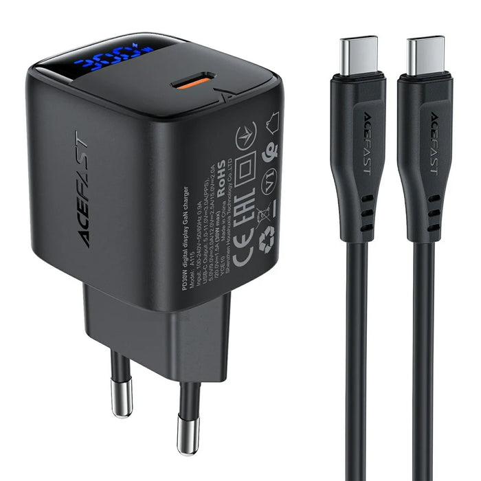 ACEFAST A115 PD 30W GaN USB-C Charger Kit with USB-C Cable LED Display Fast Charger Adapter, EU Plug - 1
