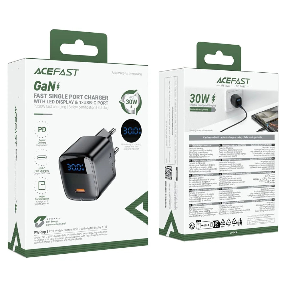 ACEFAST A115 PD 30W GaN USB-C Wall Charger with LED Display Fast Charger Adapter for Smartphones / Tablets - EU Plug - 7