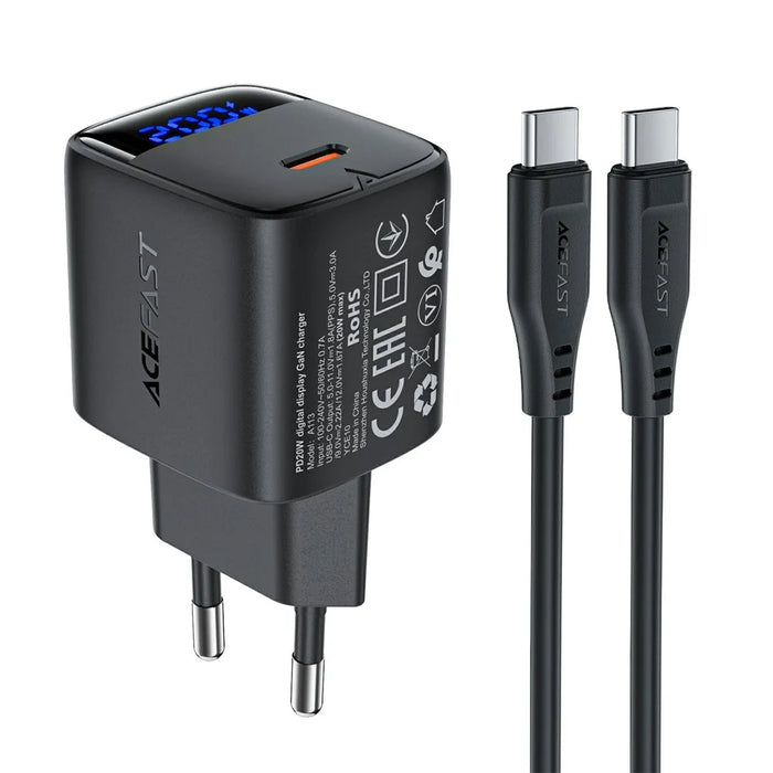 ACEFAST A113 For PD20W USB-C GaN Charger Kit LED Display Fast Charging High Efficiency Adapter - EU Plug - 1
