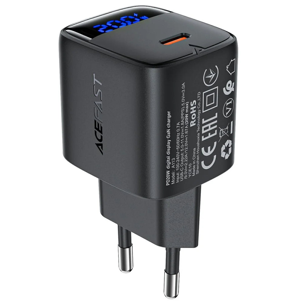 ACEFAST A113 For Smartphones PD 20W GaN Type-C Charger LED Display Fast Charging Adapter - EU Plug - 1