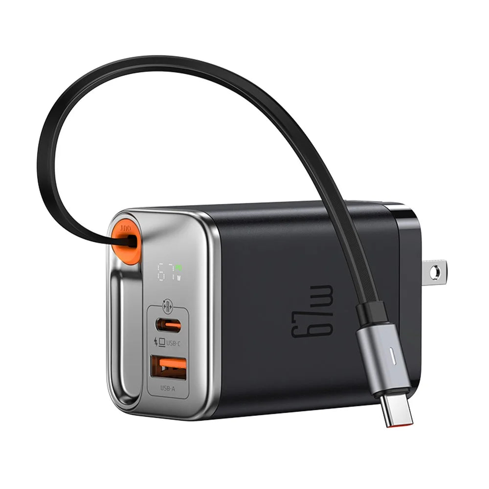 MCDODO CH-4110 Freego Series GaN Charger 67W USB A+C Fast Charging Power Adapter with Retractable Cable - US Plug - 1