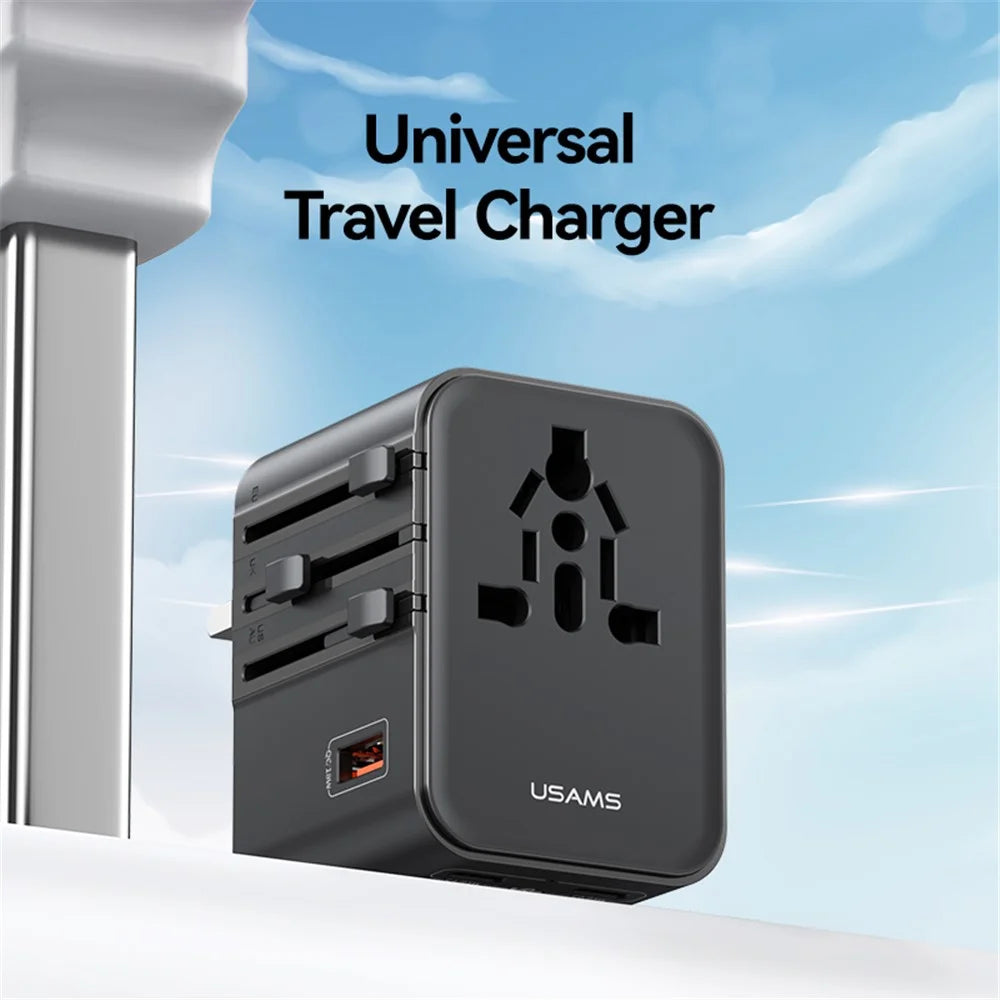 USAMS CC309 T68 25W Travel Phone Adapter 3-Port Multi-Country Converter Fast Charging 2500W Wall Charger - 2