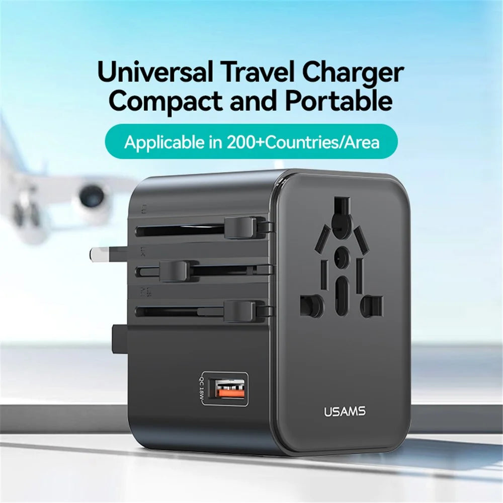 USAMS CC309 T68 25W Travel Phone Adapter 3-Port Multi-Country Converter Fast Charging 2500W Wall Charger - 5