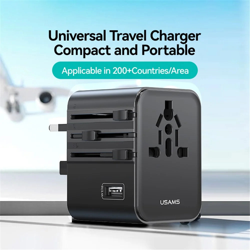 USAMS CC308 T68 17W Travel Adapter Dual Type-C + USB-A Multi-Country Converter 2500W Wall Charger - 5