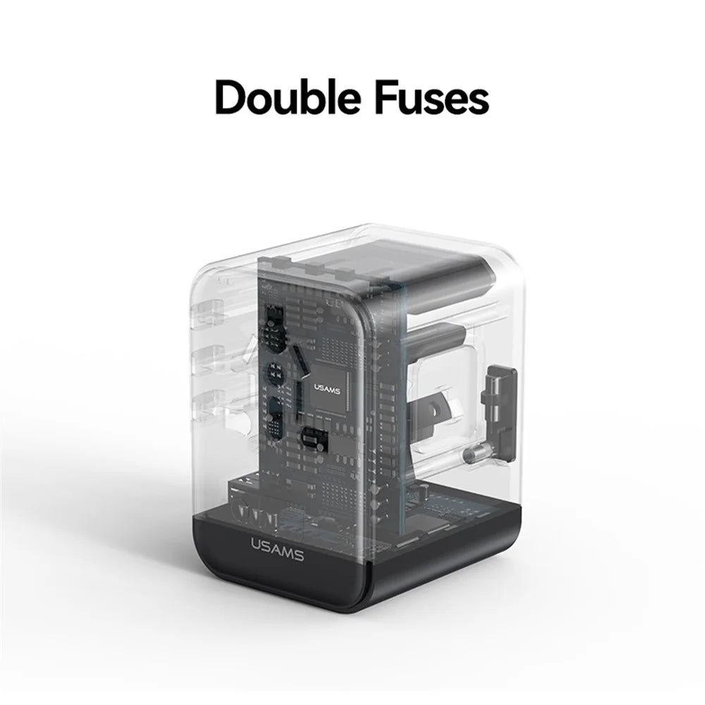 USAMS CC308 T68 17W Travel Adapter Dual Type-C + USB-A Multi-Country Converter 2500W Wall Charger - 7