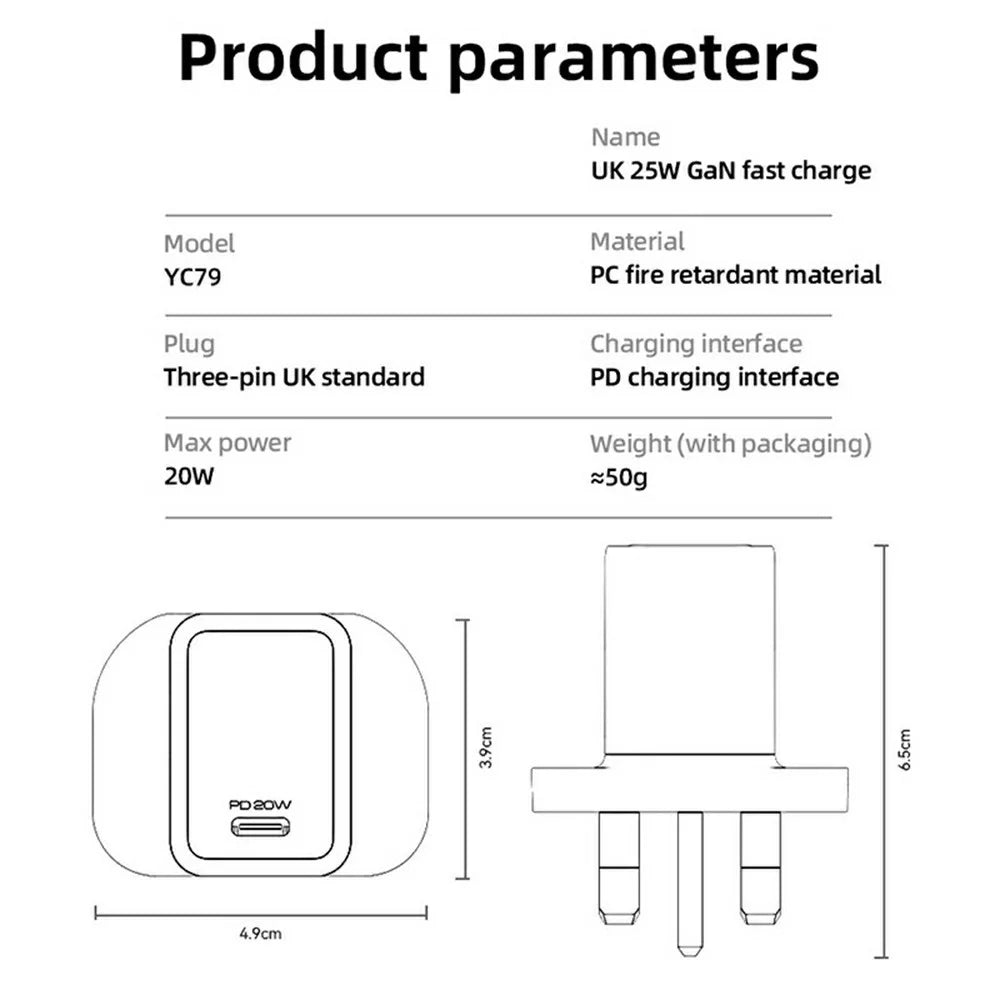 YESIDO YC79 Single USB-C Port GaN Charger PD 20W Fast Charging Wall Charger, UK Plug for Smartphone  /  Tablet - 6