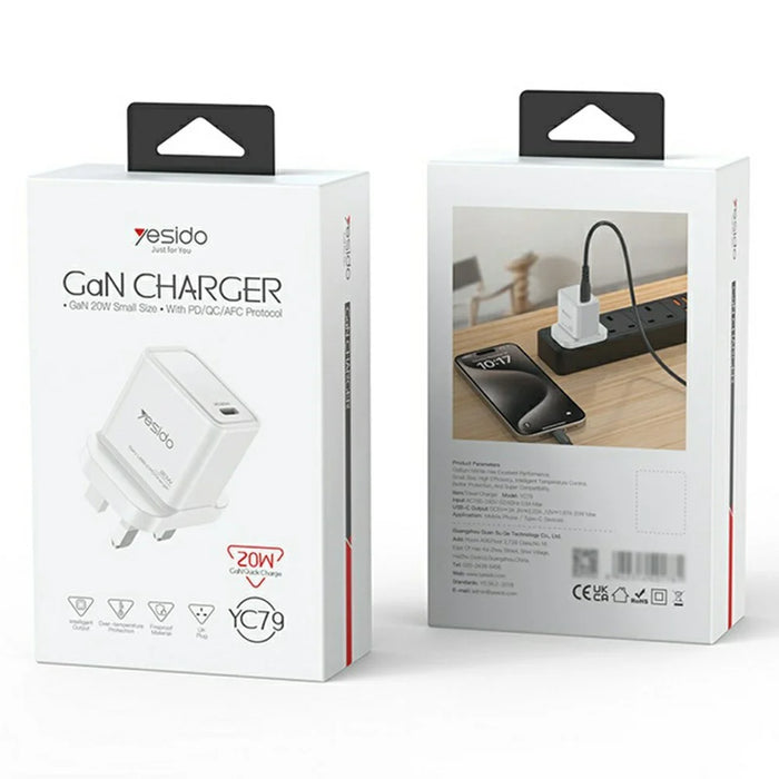 YESIDO YC79 Single USB-C Port GaN Charger PD 20W Fast Charging Wall Charger, UK Plug for Smartphone  /  Tablet - 7