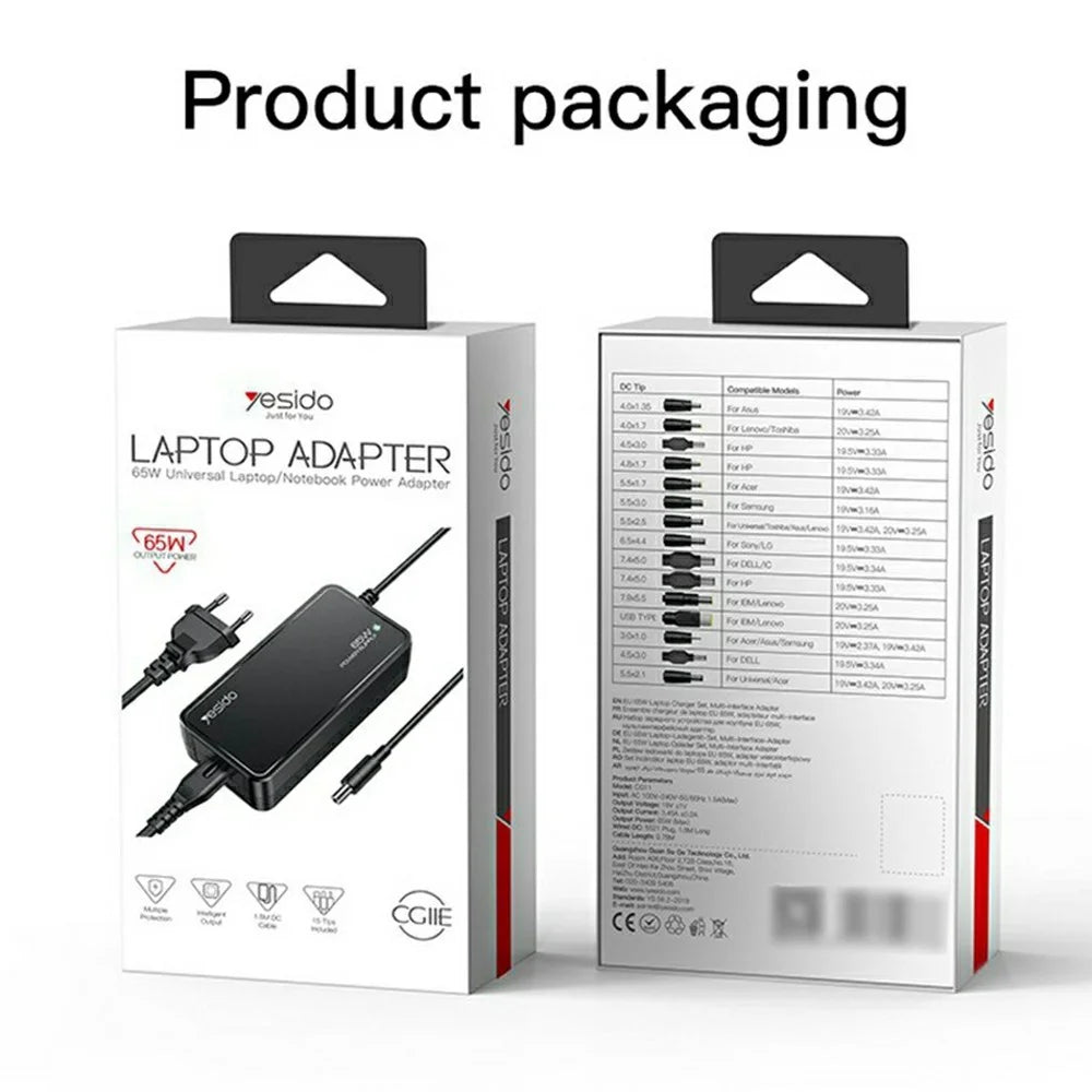 YESIDO CG11E Laptop Charger Kit 65W Fast Charging Power Adapter Compatible with Multiple Laptop Models - EU Plug - 7