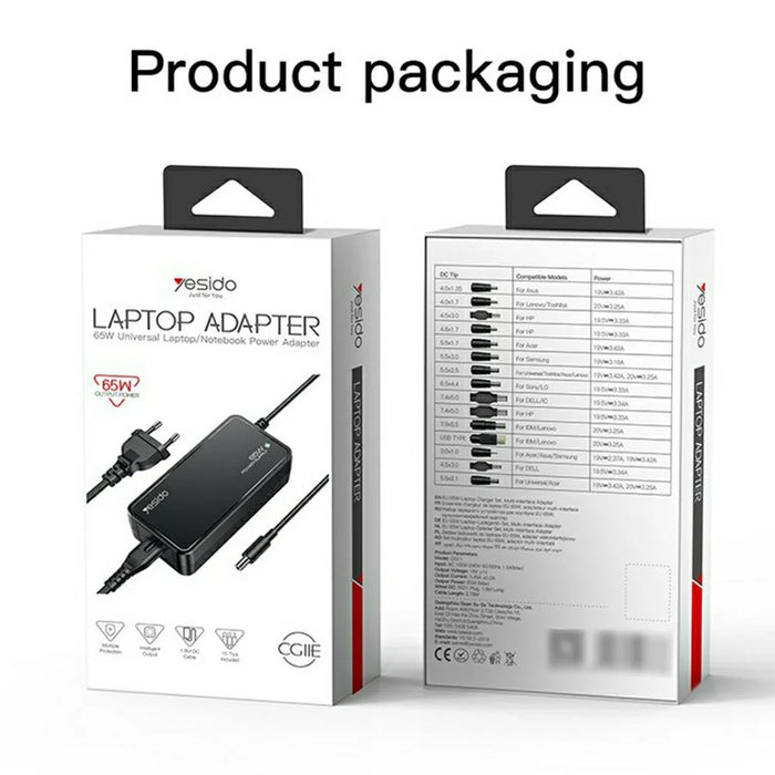 YESIDO CG11E Laptop Charger Kit 65W Fast Charging Power Adapter Compatible with Multiple Laptop Models - EU Plug - 7