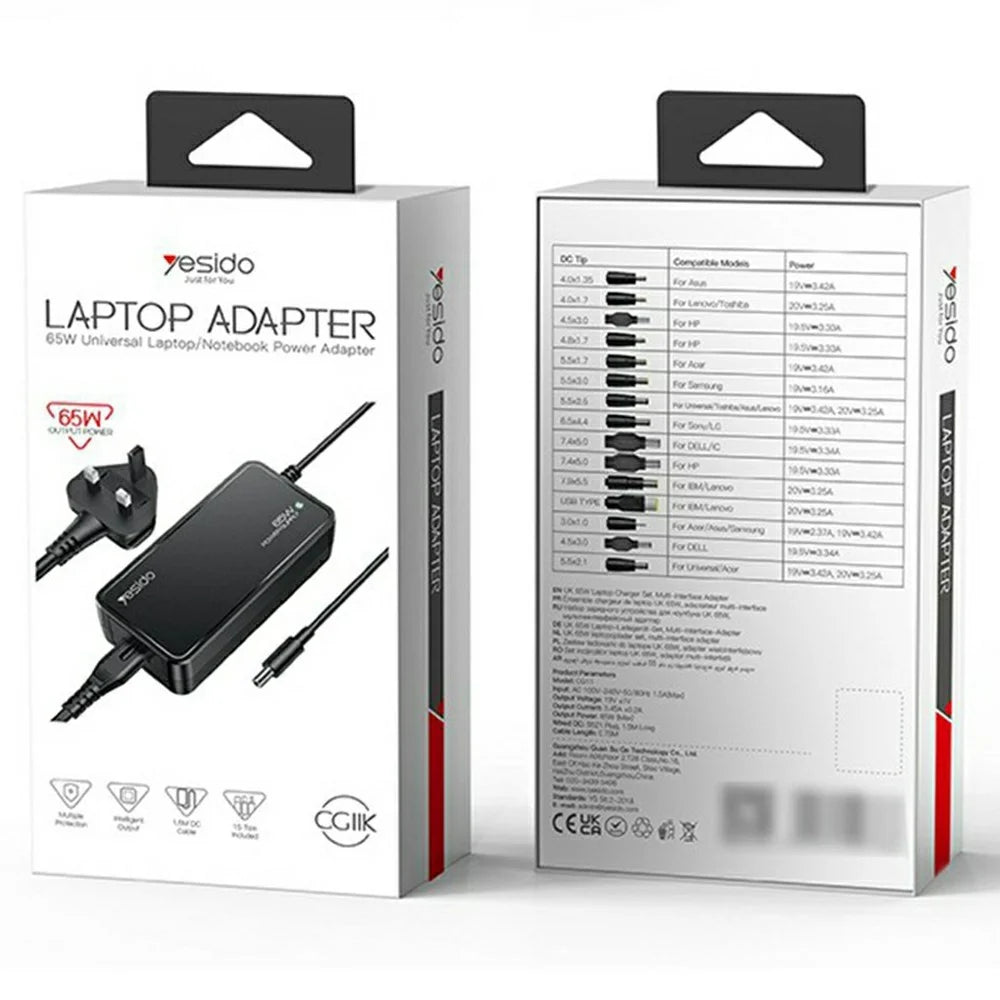 YESIDO CG11K Laptop Charger Kit 65W Power Adapter with 14 DC Connectors - UK Plug - 7
