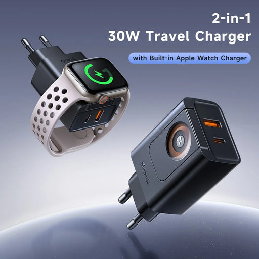 MCDODO CH-3700 2 in 1 Wireless Smart Watch + Travel Charger 30W USB-A / USB-C Fast Charging Wall Charger - EU Plug - 2