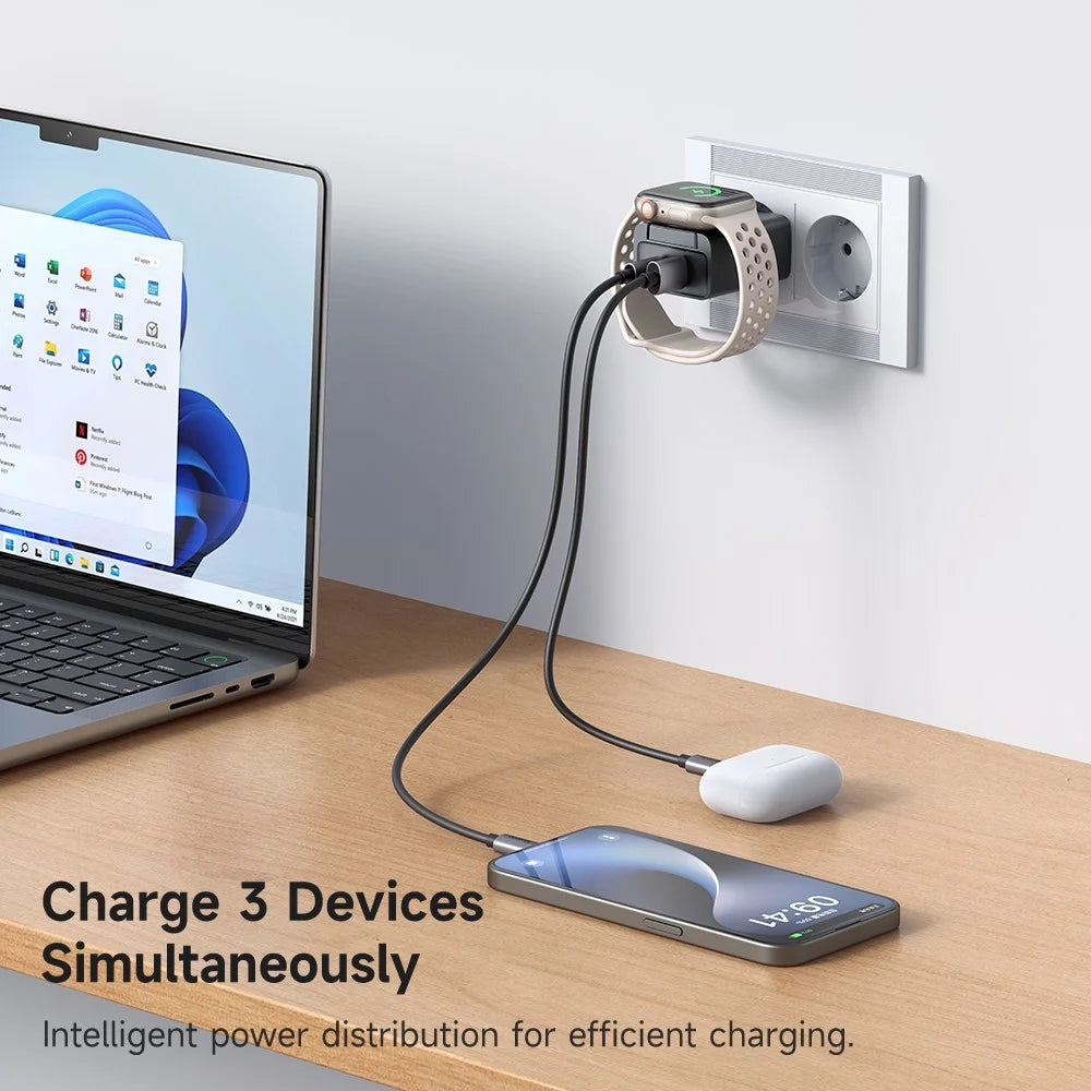 MCDODO CH-3700 2 in 1 Wireless Smart Watch + Travel Charger 30W USB-A / USB-C Fast Charging Wall Charger - EU Plug - 3
