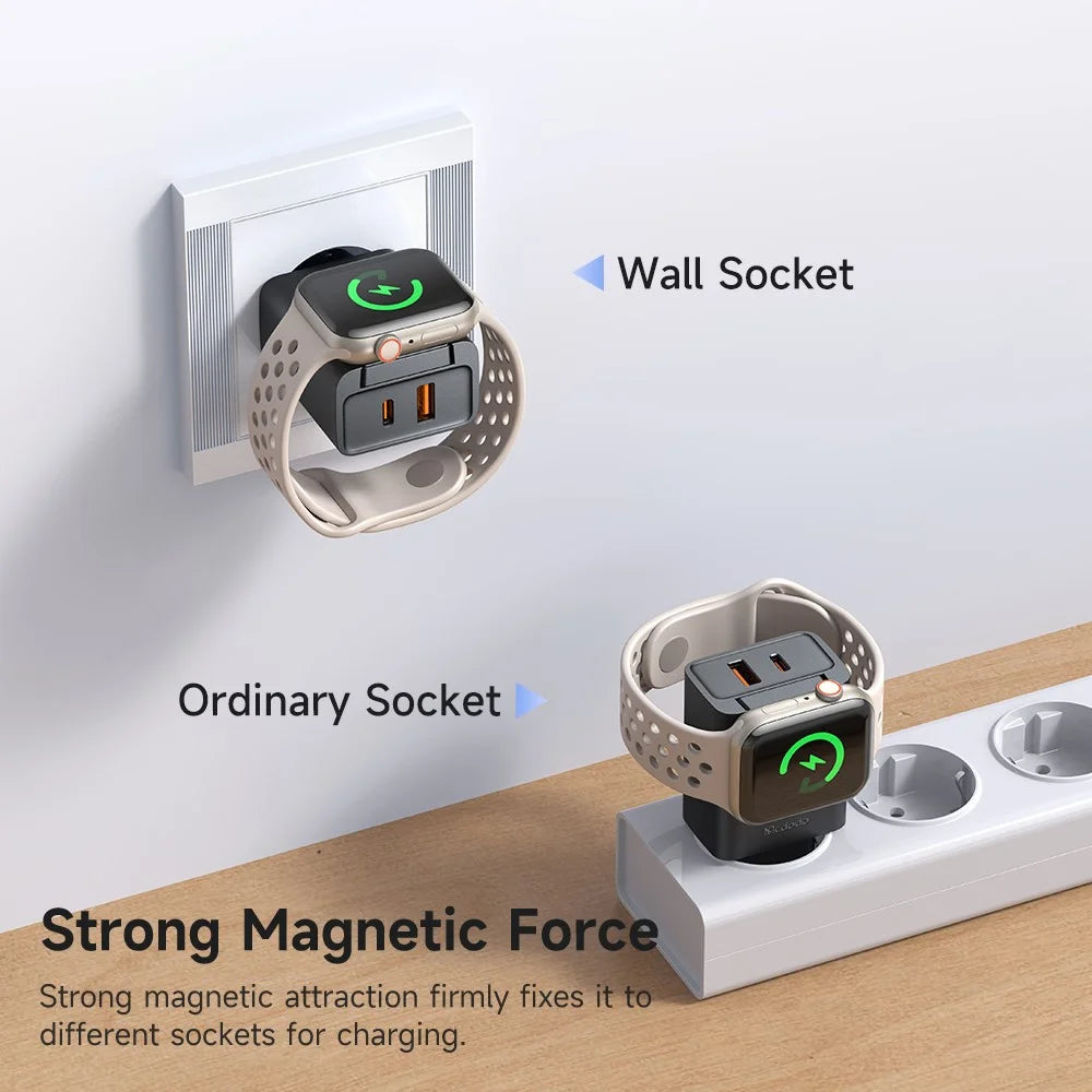 MCDODO CH-3700 2 in 1 Wireless Smart Watch + Travel Charger 30W USB-A / USB-C Fast Charging Wall Charger - EU Plug - 5