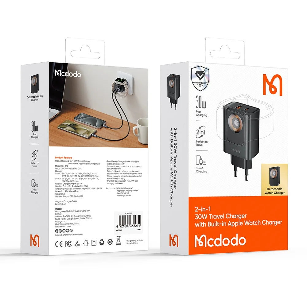 MCDODO CH-3700 2 in 1 Wireless Smart Watch + Travel Charger 30W USB-A / USB-C Fast Charging Wall Charger - EU Plug - 7