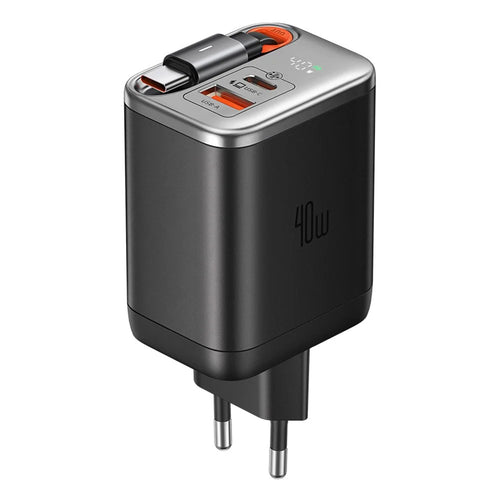 MCDODO CH-4281 40W GaN Charger with Retractable Cable Fast Charging USB-C / USB-A Charger Block - EU Plug - Black - 1