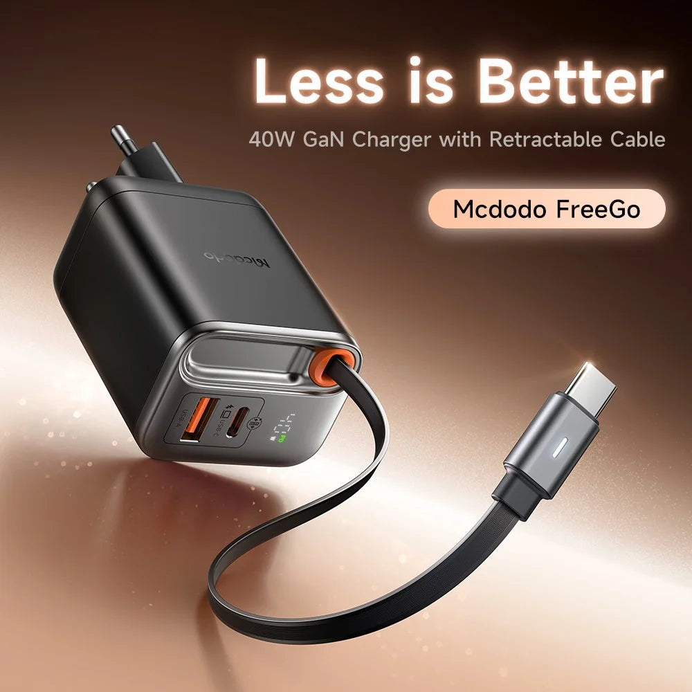 MCDODO CH-4281 40W GaN Charger with Retractable Cable Fast Charging USB-C / USB-A Charger Block - EU Plug - Black - 2