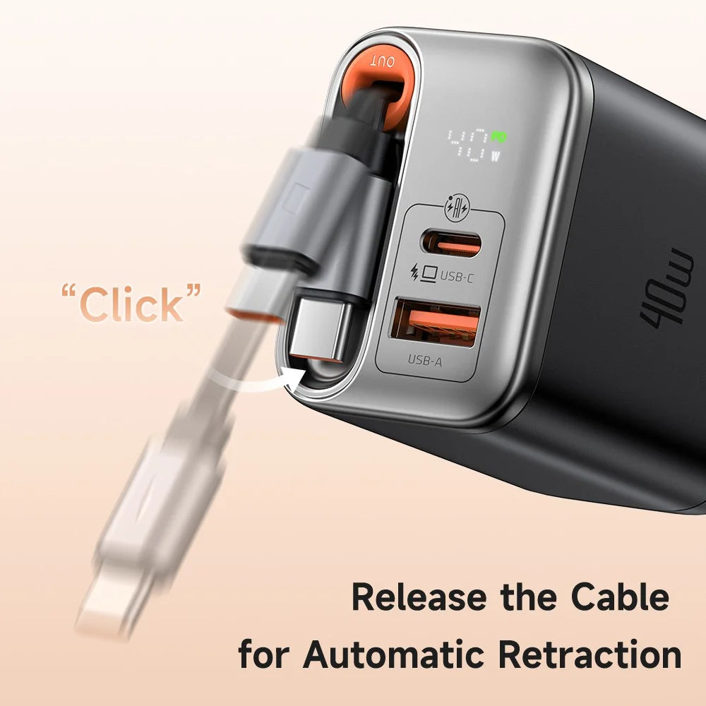MCDODO CH-4281 40W GaN Charger with Retractable Cable Fast Charging USB-C / USB-A Charger Block - EU Plug - Black - 6