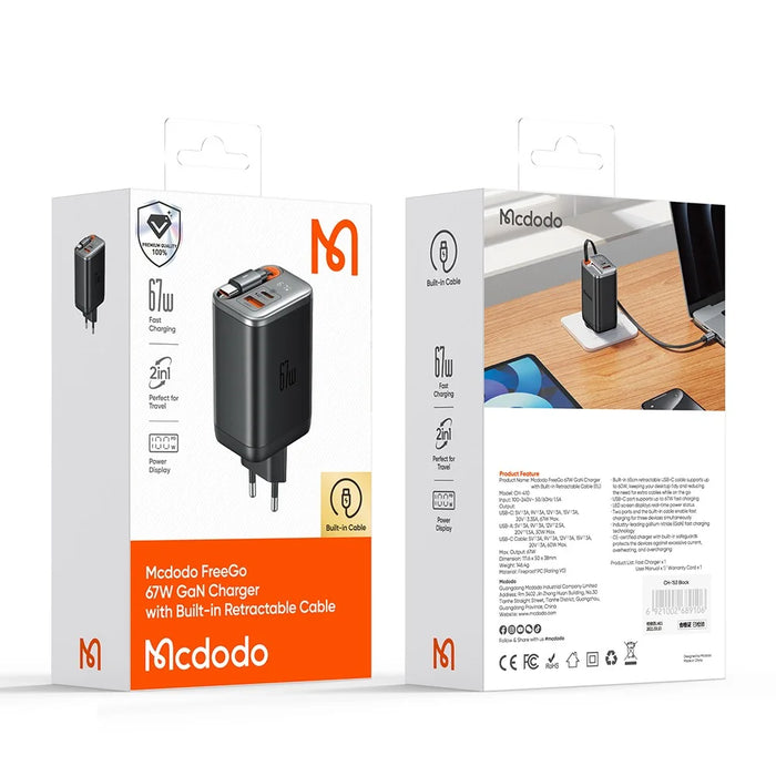 MCDODO CH-4100 GaN Fast Charger 67W USB-C / USB-A Power Adapter with Retractable Cable for Multiple Devices - EU Plug - 7