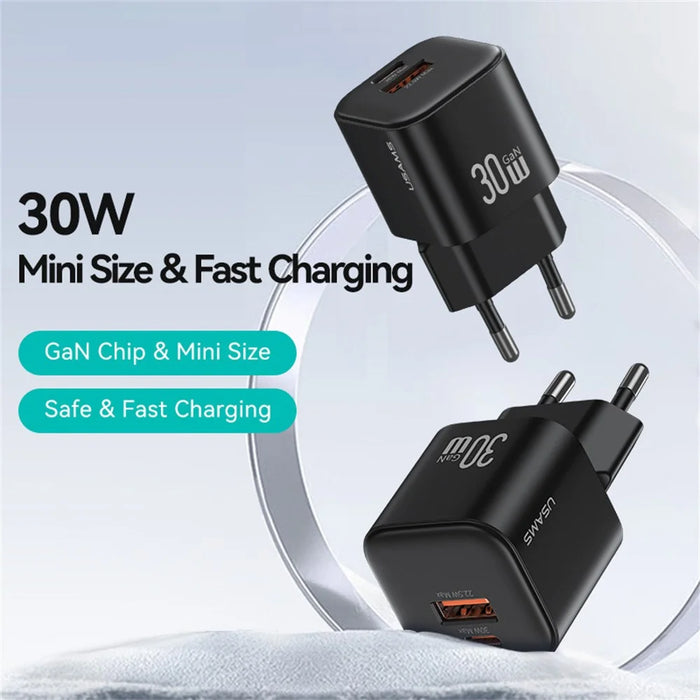 USAMS CC263 30W GaN Charger Dual Port USB-C + USB-A Fast Charging Mini Adapter for Travel / Home Use - 3