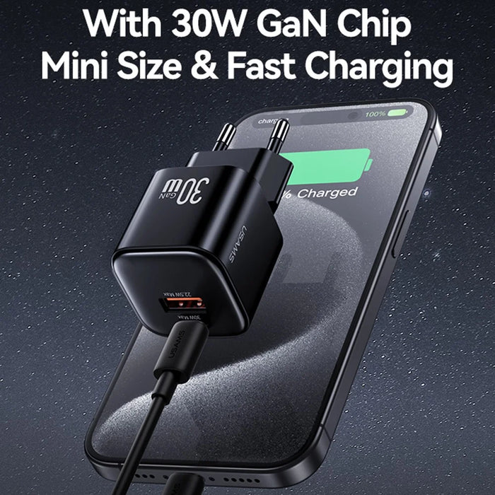 USAMS CC263 30W GaN Charger Dual Port USB-C + USB-A Fast Charging Mini Adapter for Travel / Home Use - 4