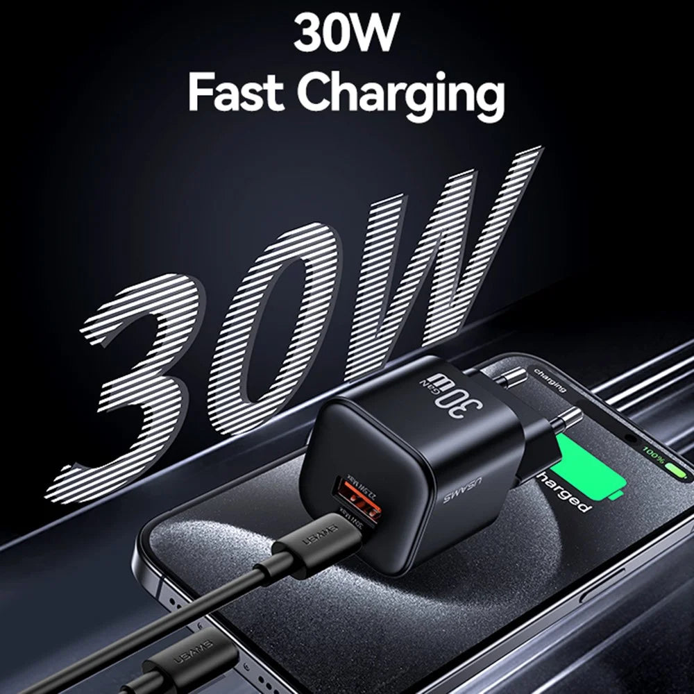 USAMS CC263 30W GaN Charger Dual Port USB-C + USB-A Fast Charging Mini Adapter for Travel / Home Use - 5