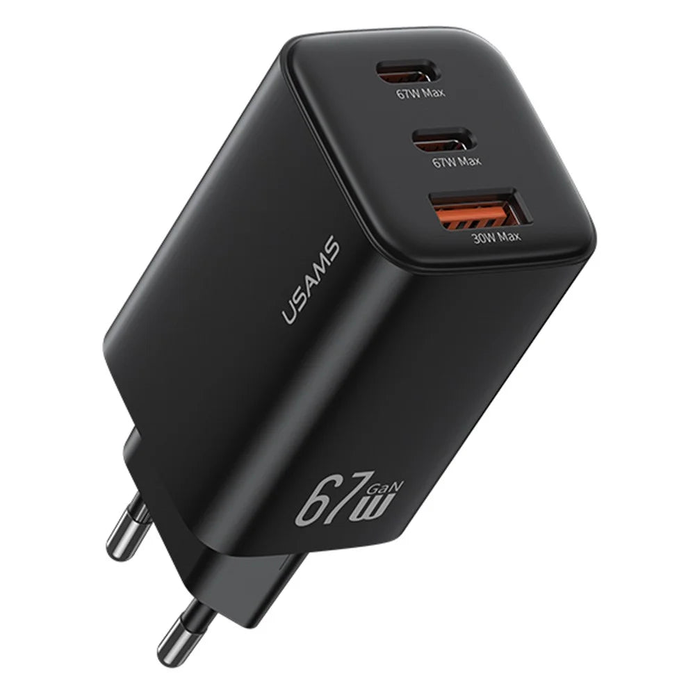 USAMS CC265 67W GaN Charger Fast Charging 3-Port USB Power Adapter - EU Plug - 1