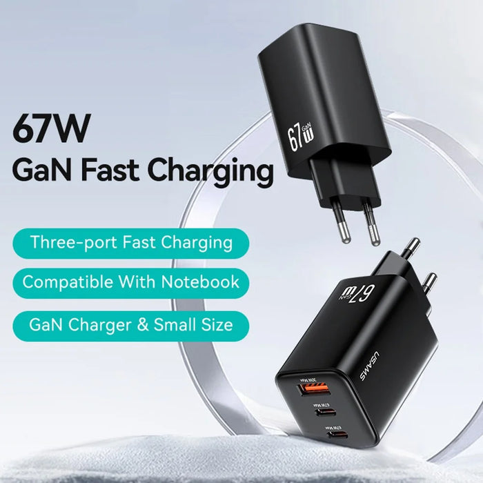 USAMS CC265 67W GaN Charger Fast Charging 3-Port USB Power Adapter - EU Plug - 3