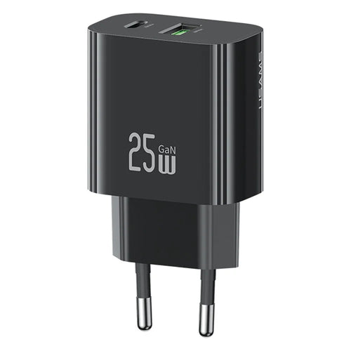 USAMS CC315 T65 25W Fast Charger for iPhone 8 - 16 Series, Dual Port USB-A + USB-C GaN Adapter - EU Plug / Black - 1