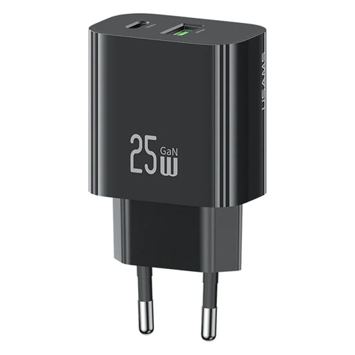 USAMS CC315 T65 25W Fast Charger for iPhone 8 - 16 Series, Dual Port USB-A + USB-C GaN Adapter - EU Plug / Black - 1