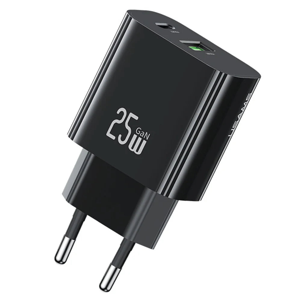 USAMS CC315 T65 25W Fast Charger for iPhone 8 - 16 Series, Dual Port USB-A + USB-C GaN Adapter - EU Plug / Black - 3