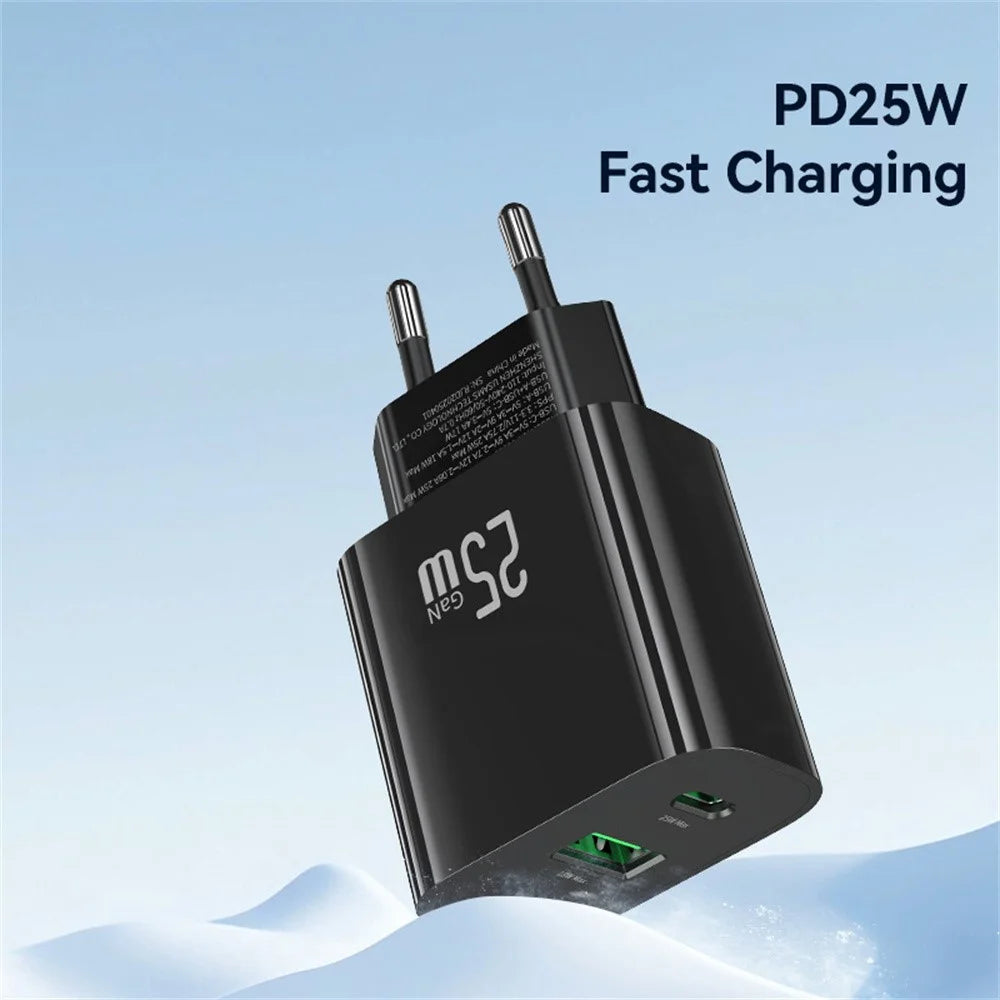 USAMS CC315 T65 25W Fast Charger for iPhone 8 - 16 Series, Dual Port USB-A + USB-C GaN Adapter - EU Plug / Black - 4