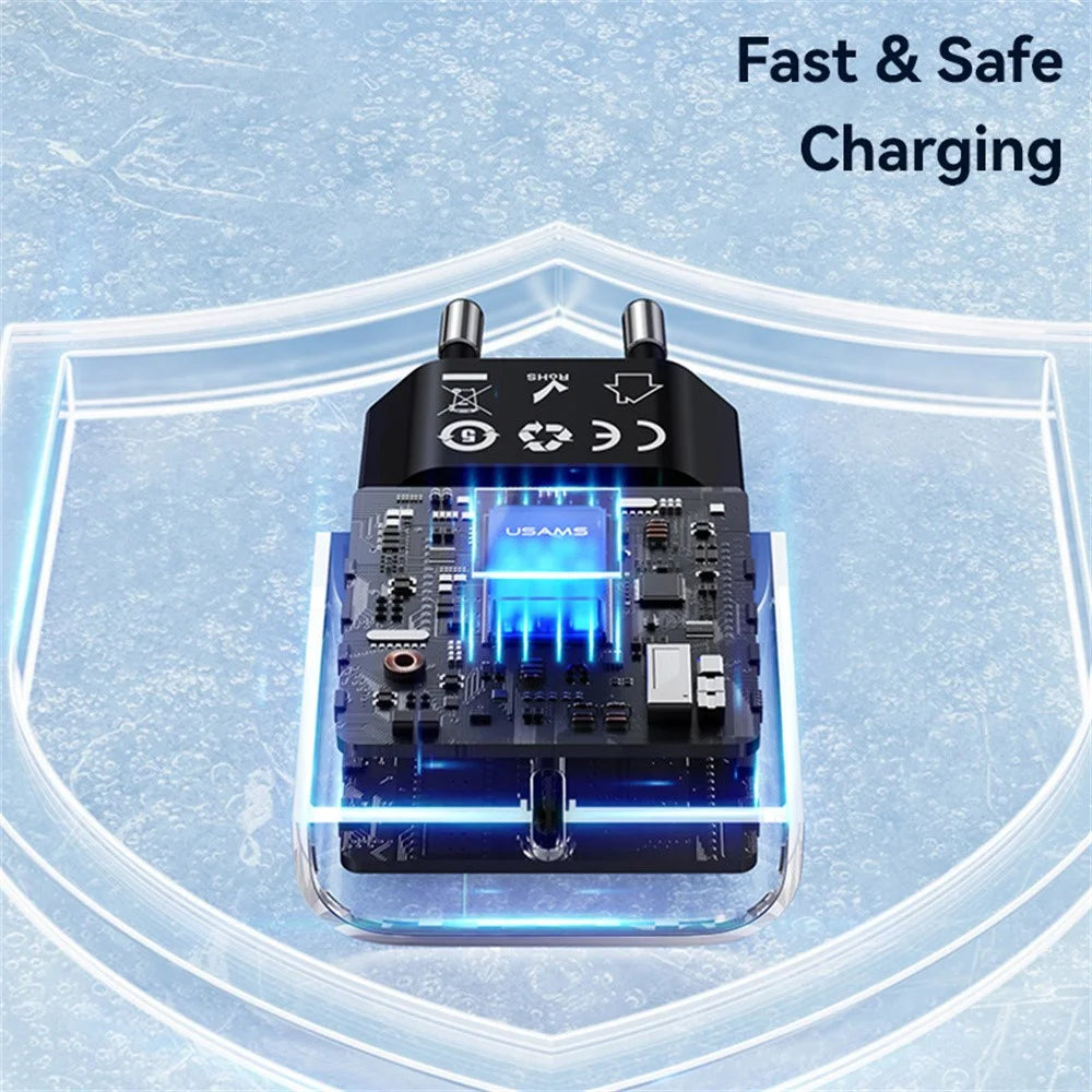 USAMS CC315 T65 25W Fast Charger for iPhone 8 - 16 Series, Dual Port USB-A + USB-C GaN Adapter - EU Plug / Black - 7