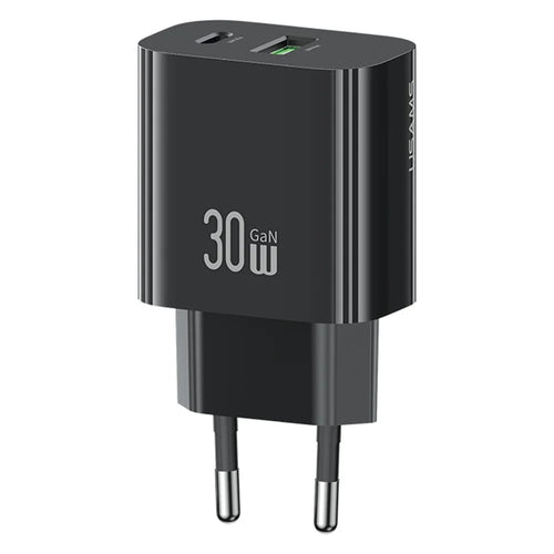 USAMS CC316 T65 30W Fast Charger for iPhone 8 - 16 Series, Dual Port USB-A + USB-C Power Adapter - EU Plug / Black - 1