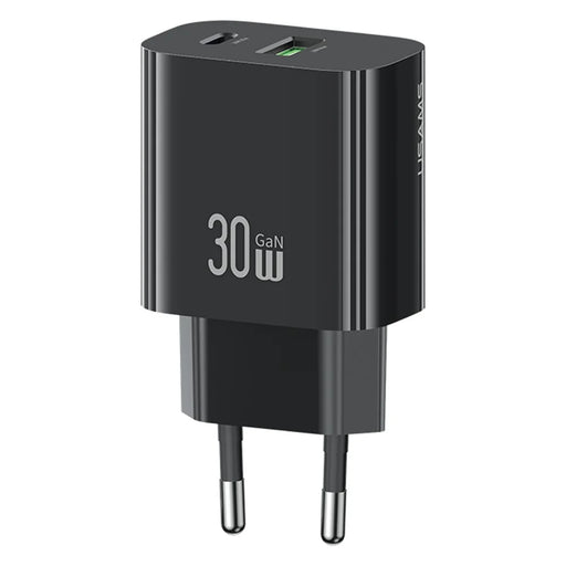 USAMS CC316 T65 30W Fast Charger for iPhone 8 - 16 Series, Dual Port USB-A + USB-C Power Adapter - EU Plug / Black - 1