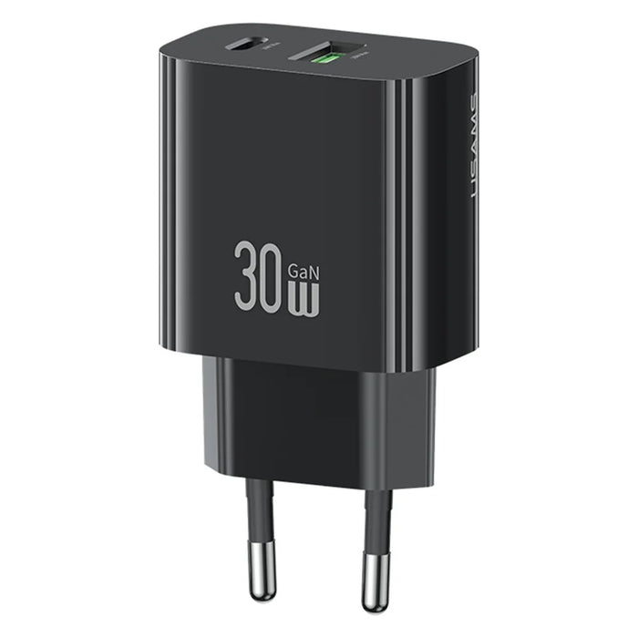 USAMS CC316 T65 30W Fast Charger for iPhone 8 - 16 Series, Dual Port USB-A + USB-C Power Adapter - EU Plug / Black - 1