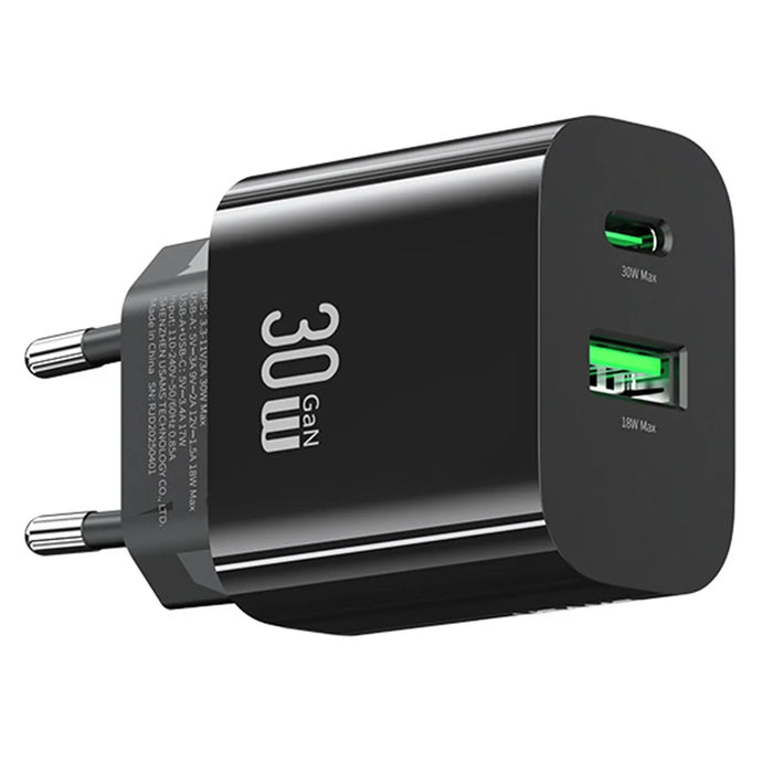 USAMS CC316 T65 30W Fast Charger for iPhone 8 - 16 Series, Dual Port USB-A + USB-C Power Adapter - EU Plug / Black - 2