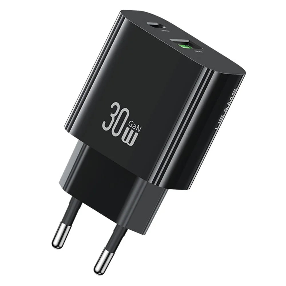 USAMS CC316 T65 30W Fast Charger for iPhone 8 - 16 Series, Dual Port USB-A + USB-C Power Adapter - EU Plug / Black - 3