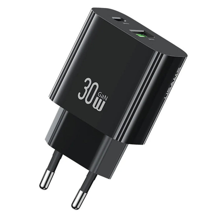 USAMS CC316 T65 30W Fast Charger for iPhone 8 - 16 Series, Dual Port USB-A + USB-C Power Adapter - EU Plug / Black - 3