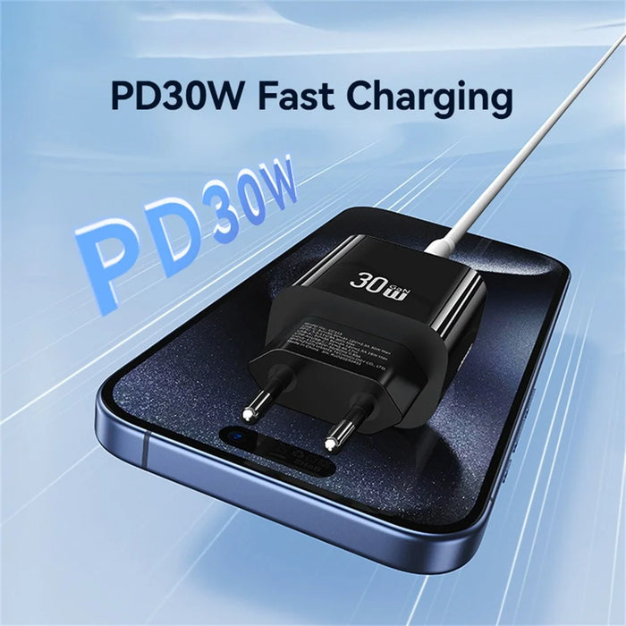 USAMS CC316 T65 30W Fast Charger for iPhone 8 - 16 Series, Dual Port USB-A + USB-C Power Adapter - EU Plug / Black - 5