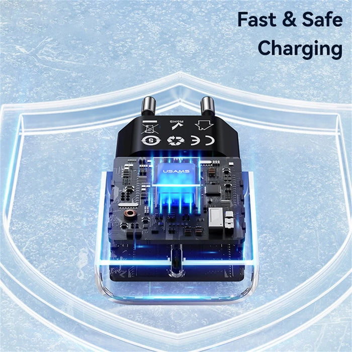 USAMS CC316 T65 30W Fast Charger for iPhone 8 - 16 Series, Dual Port USB-A + USB-C Power Adapter - EU Plug / Black - 7