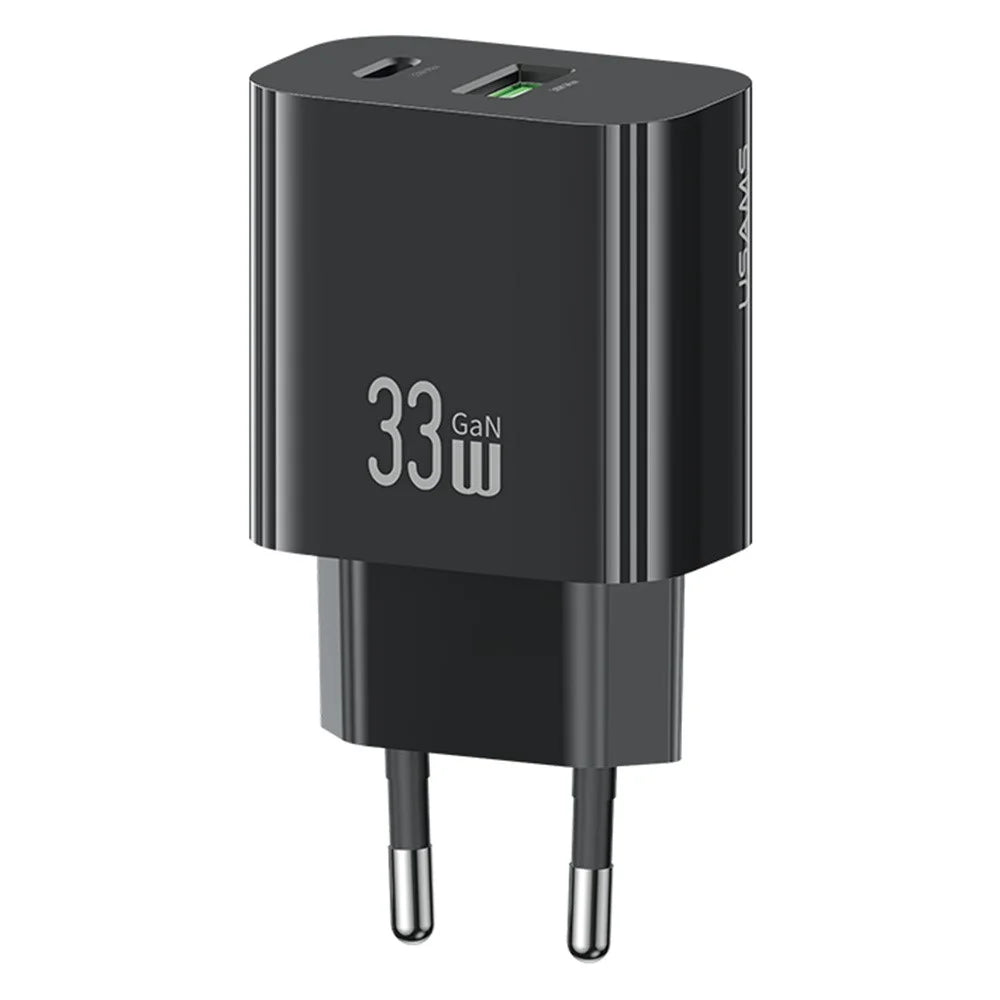 USAMS CC317 T65 33W Fast Charger for iPhone 8-16 Series Dual Ports USB-A + USB-C GaN Power Adapter - EU Plug / Black - 1