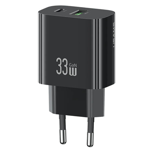 USAMS CC317 T65 33W Fast Charger for iPhone 8-16 Series Dual Ports USB-A + USB-C GaN Power Adapter - EU Plug / Black - 1