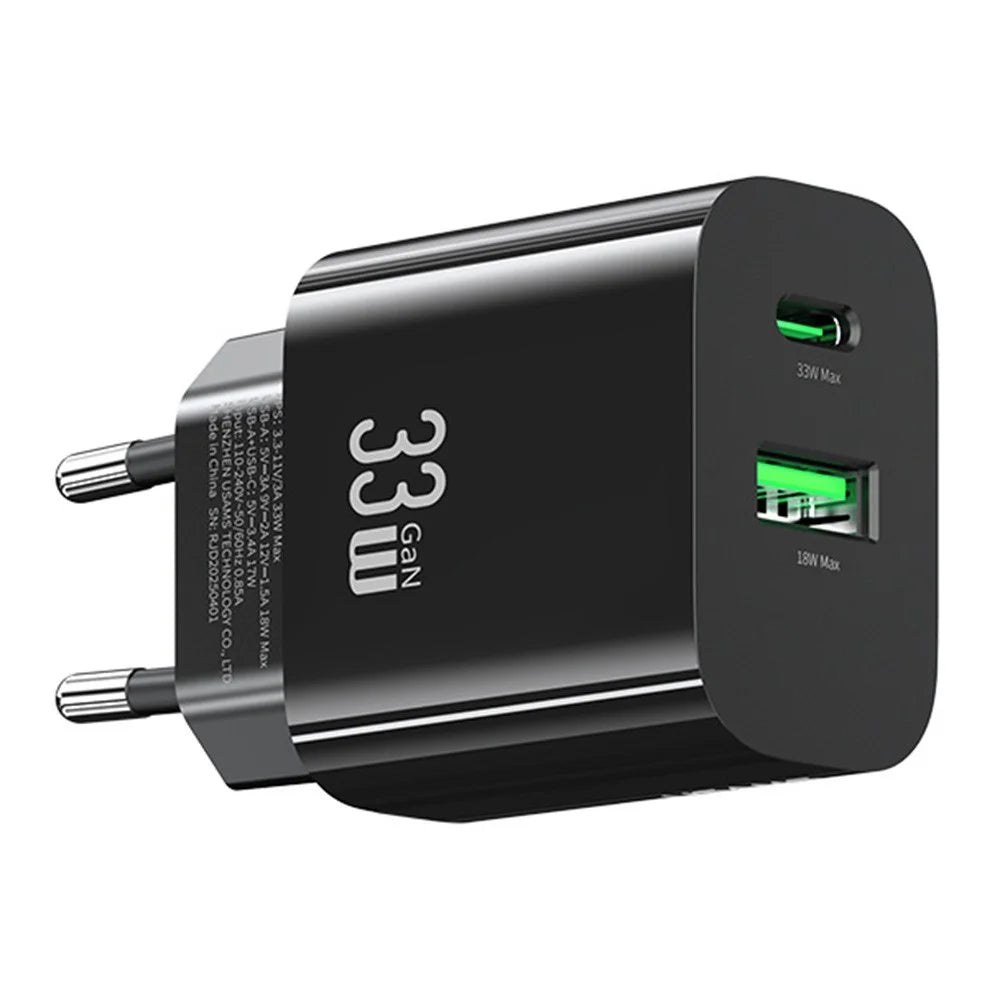 USAMS CC317 T65 33W Fast Charger for iPhone 8-16 Series Dual Ports USB-A + USB-C GaN Power Adapter - EU Plug / Black - 2