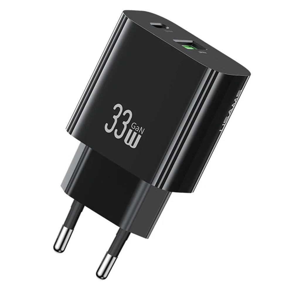 USAMS CC317 T65 33W Fast Charger for iPhone 8-16 Series Dual Ports USB-A + USB-C GaN Power Adapter - EU Plug / Black - 3