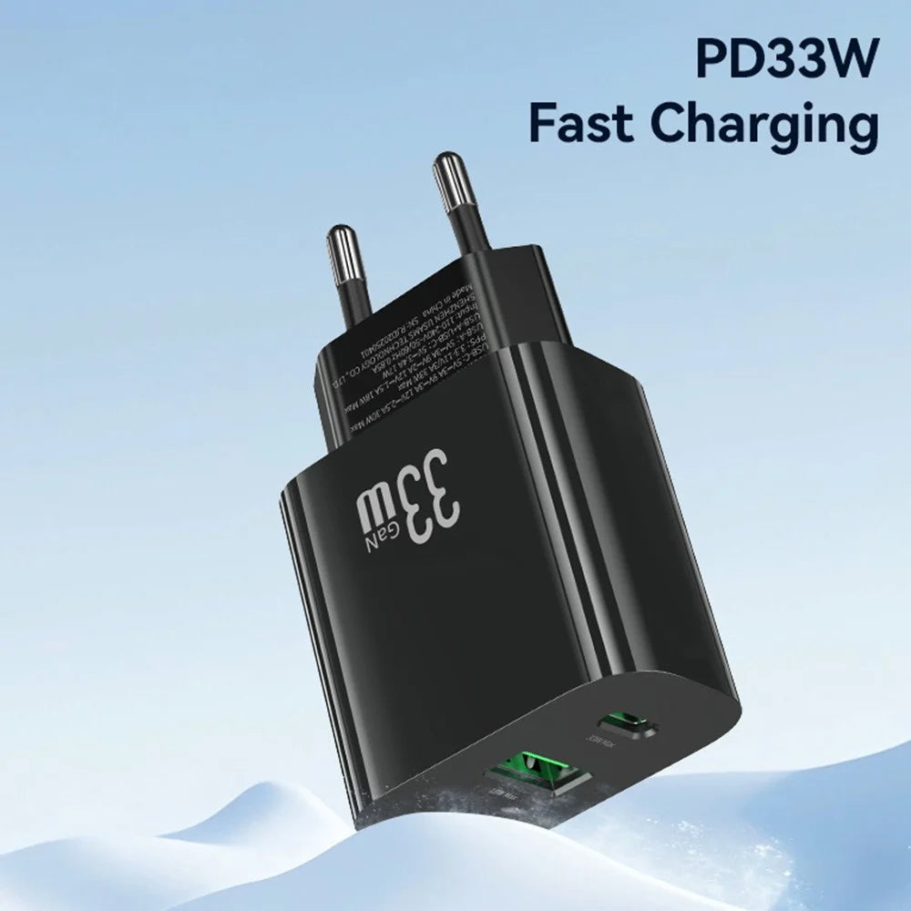 USAMS CC317 T65 33W Fast Charger for iPhone 8-16 Series Dual Ports USB-A + USB-C GaN Power Adapter - EU Plug / Black - 4