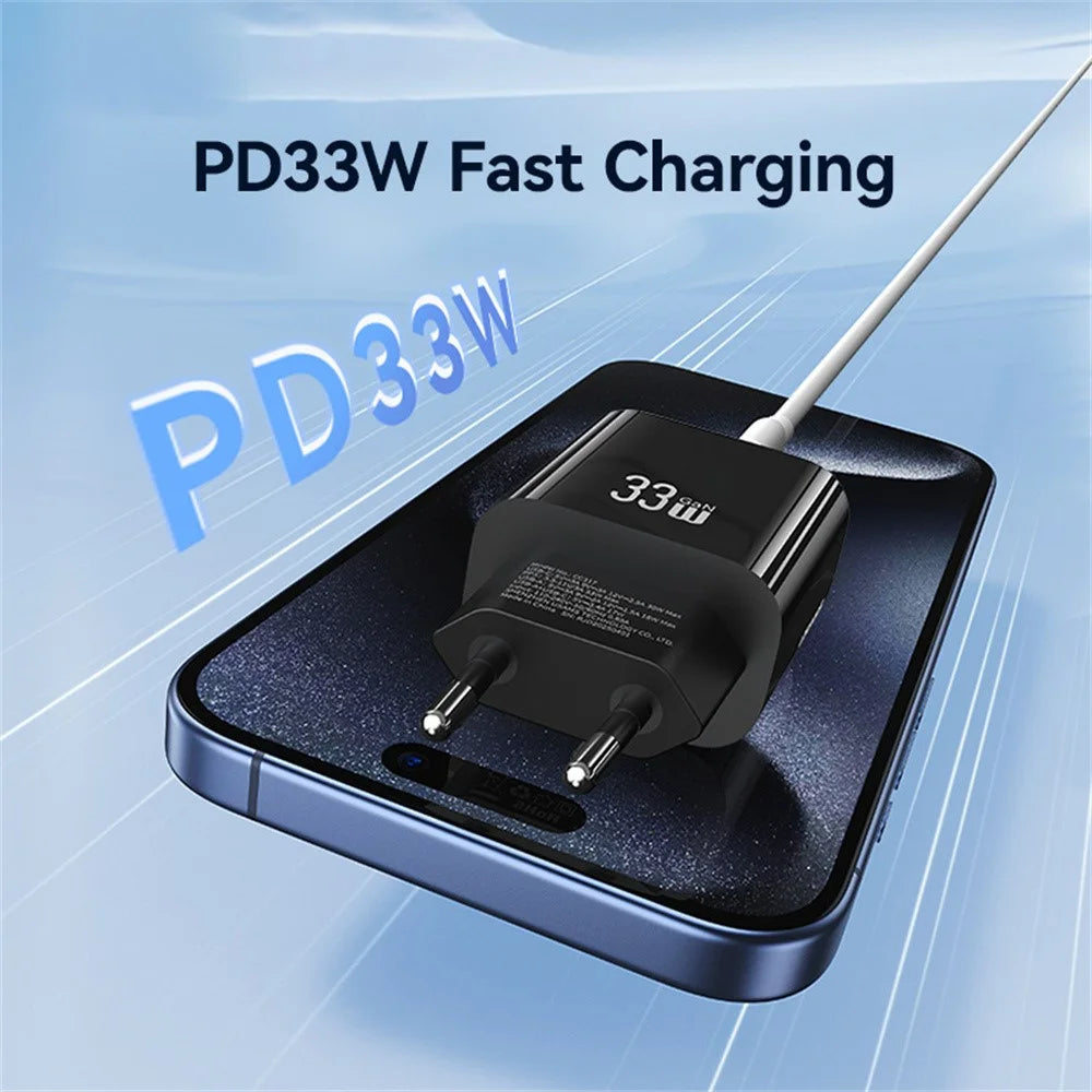 USAMS CC317 T65 33W Fast Charger for iPhone 8-16 Series Dual Ports USB-A + USB-C GaN Power Adapter - EU Plug / Black - 5