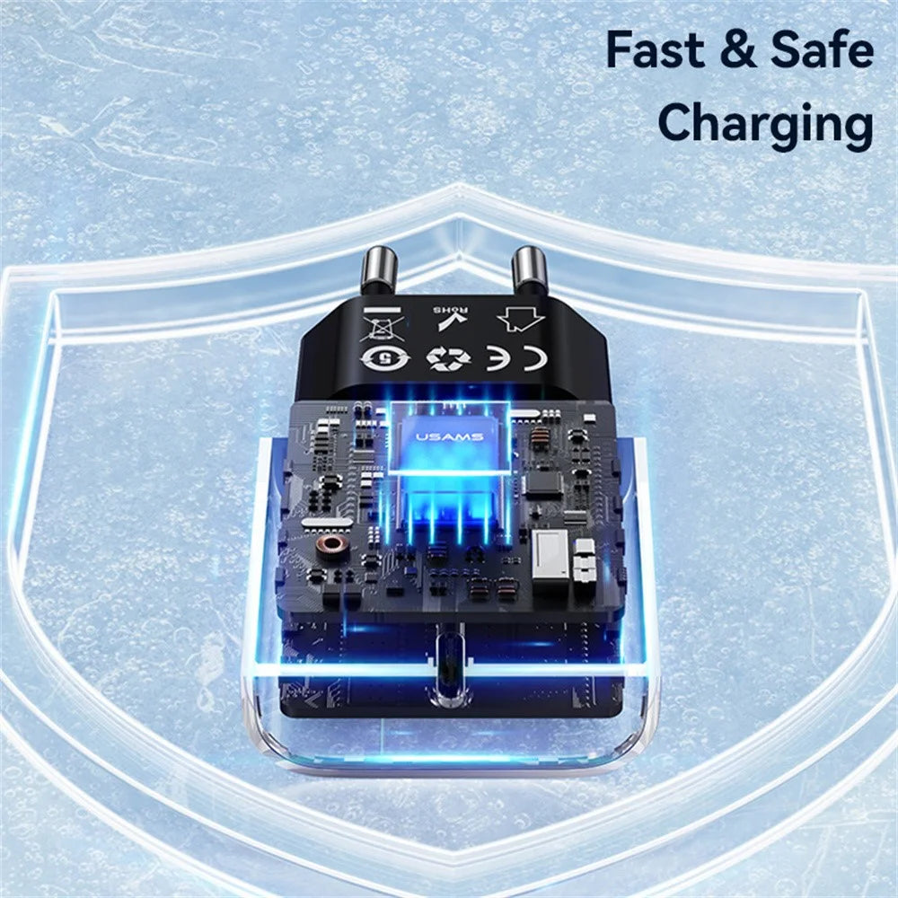 USAMS CC317 T65 33W Fast Charger for iPhone 8-16 Series Dual Ports USB-A + USB-C GaN Power Adapter - EU Plug / Black - 7