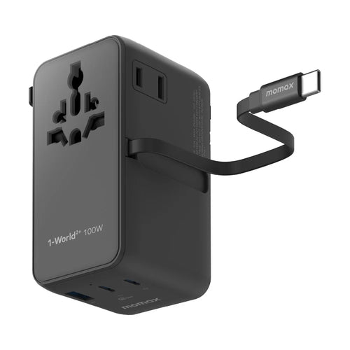 MOMAX 1-World 2 GaN Global Travel Adapter 100W International Wall Charger with Built-In Cable - Black - 1